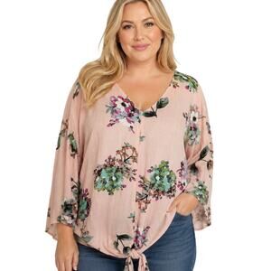 Davi & Dani Pink Floral Tie Hem Top Womens Size 2X V-Neck Casual Boho Multicolor